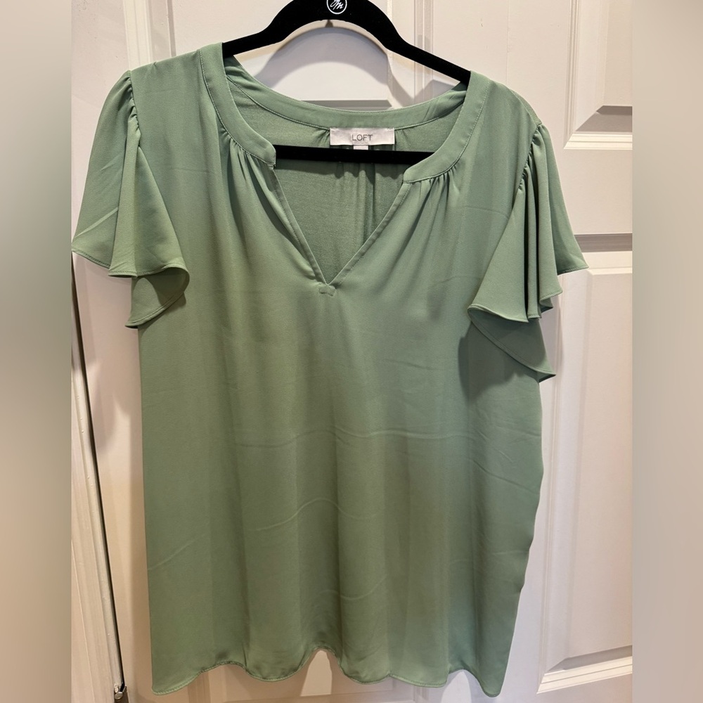 LOFT Light Sage Green Flutter Sleeve V-Neck Blouse